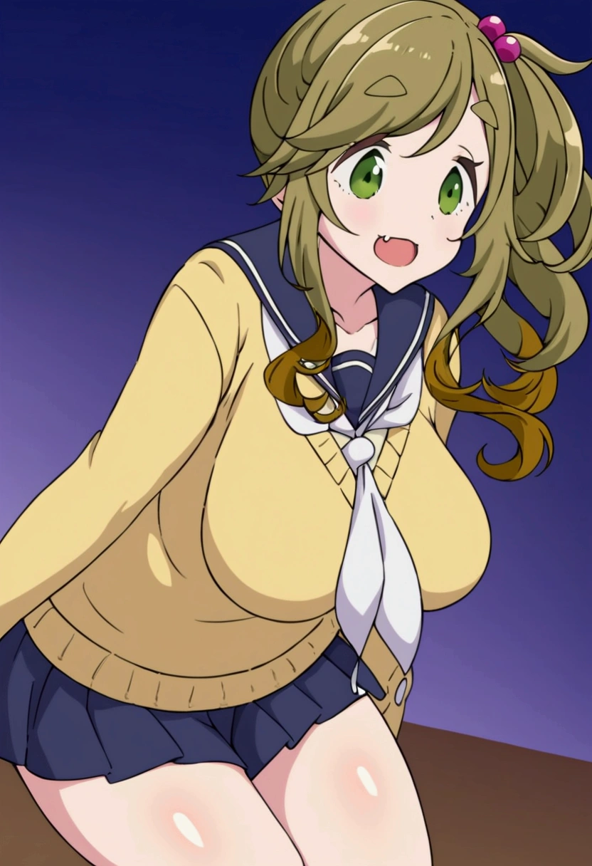 Aoi Inuyama, loose camp, medium hair, chest, bangs, brown hair, hair ornament, side ponytail, flowing bangs, thick eyebrows, hair bobble, skin fangs, green eyes, fangs, sailor color, sweater, Motosu , yellow Sweater, white neckerchief, pleated skirt, showing thighs, breasts,