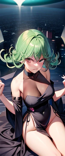 tatsumaki (pelvic curtain:1.2) Wearing Black Dress,(floating:1.2), destroyed city, showing your breasts and your complete body, (shinny body:1.1),