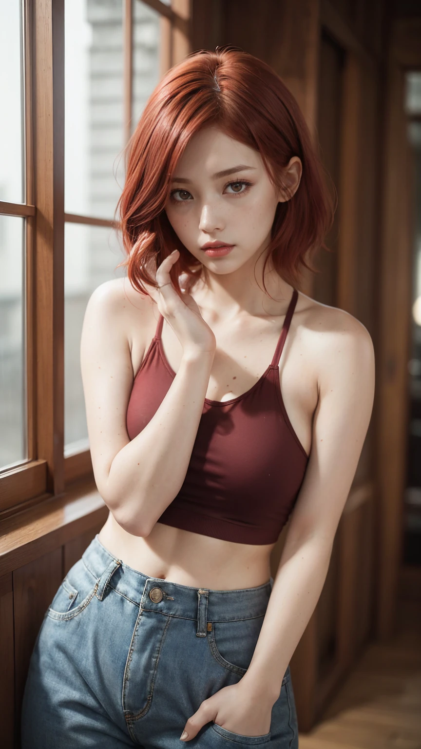 (Depressive style, rain, low light), (A woman with a delicately structured face, high cheekbones, and full lips. Her shaggy shoulder-length ((red cherry hair color)), and, frames her face. She wears oversized clothes—a tank top and high-waisted pants—swallowing her slender frame. Emphasize her beauty, pale skin with freckles, and nervous bright brown eyes, looking at POV.)