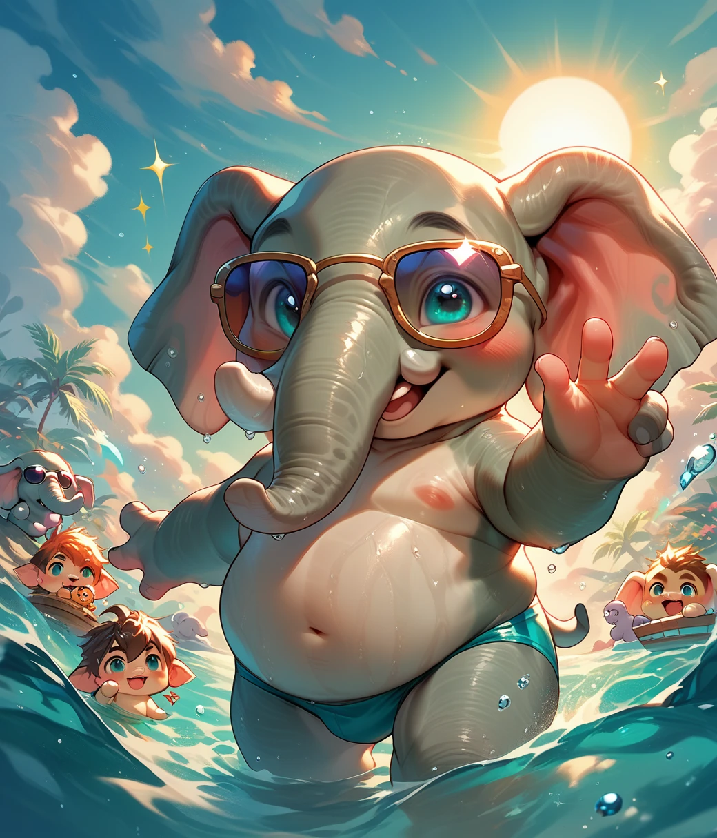 (cute, chubby elephant cub), chibi, nude, turquoise eyes, turquoise swim briefs, blush, smile, open mouth, male focus, day, cloud, water, wet, sparkle, sunglasses, partially submerged, sun