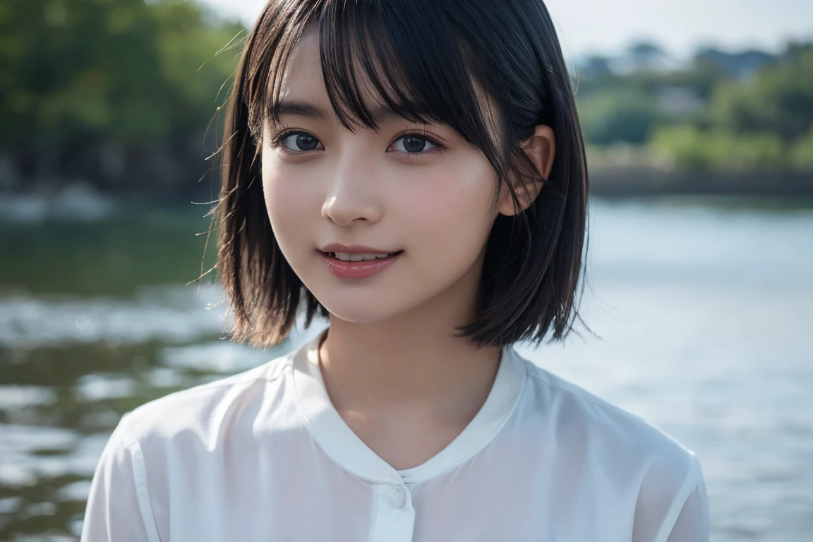 (8k, RAW Photos, Highest quality, masterpiece:1.2), (Realistic, Realistic:1.37), Very detailed, Ultra-high resolution, 1 girl, View your viewers, Beautifully detailed face, Laughter, narrow, (Narrow waist) :1.3), Shortcuts, Beautiful and detailed skin, Skin Texture, Black Hair, Floating Hair, Hairstyle: Short bob, Professional Lighting, (White shirt), Human whole body