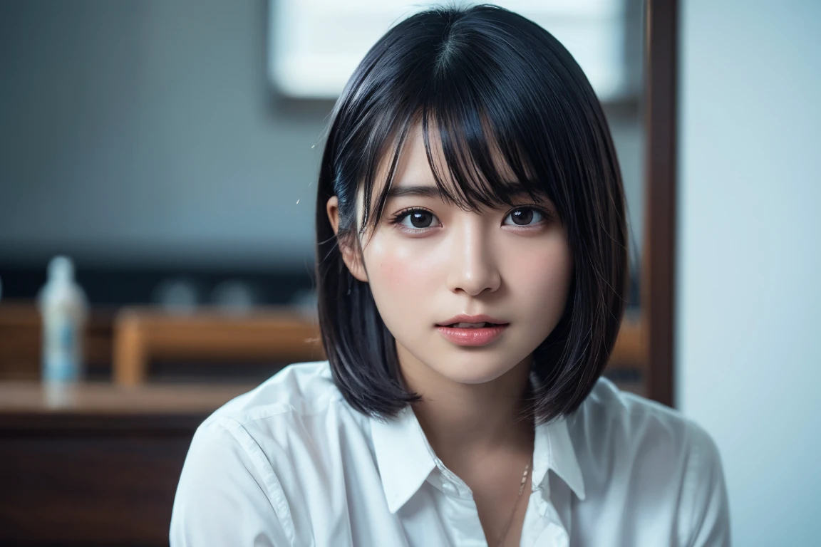 (8k, RAW Photos, Highest quality, masterpiece:1.2), (Realistic, Realistic:1.37), Very detailed, Ultra-high resolution, 1 girl, View your viewers, Beautifully detailed face, Laughter, narrow, (Narrow waist) :1.3), Shortcuts, Beautiful and detailed skin, Skin Texture, Black Hair, Floating Hair, Hairstyle: Short bob, Professional Lighting, (White shirt), Human whole body