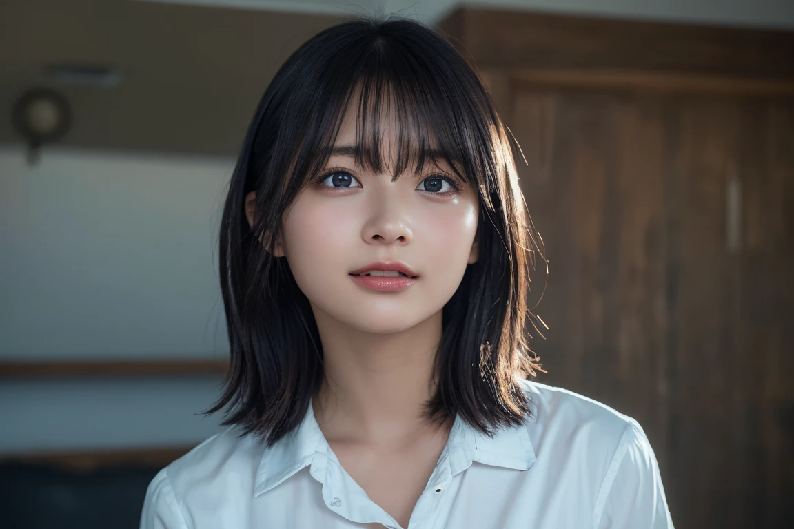 (8k, RAW Photos, Highest quality, masterpiece:1.2), (Realistic, Realistic:1.37), Very detailed, Ultra-high resolution, 1 girl, View your viewers, Beautifully detailed face, Laughter, narrow, (Narrow waist) :1.3), Shortcuts, Beautiful and detailed skin, Skin Texture, Black Hair, Floating Hair, Hairstyle: Short bob, Professional Lighting, (White shirt), Human whole body
