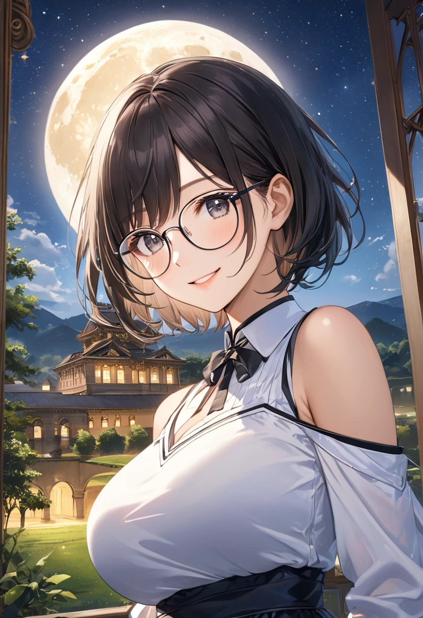 Highest quality, Highest Resolution, Super detailed,1People Girls, Inside the palace,Big Breasts, Rural landscape,A starry sky,full moon,Short Hair,Glasses,smile,Sparkling,Exciting