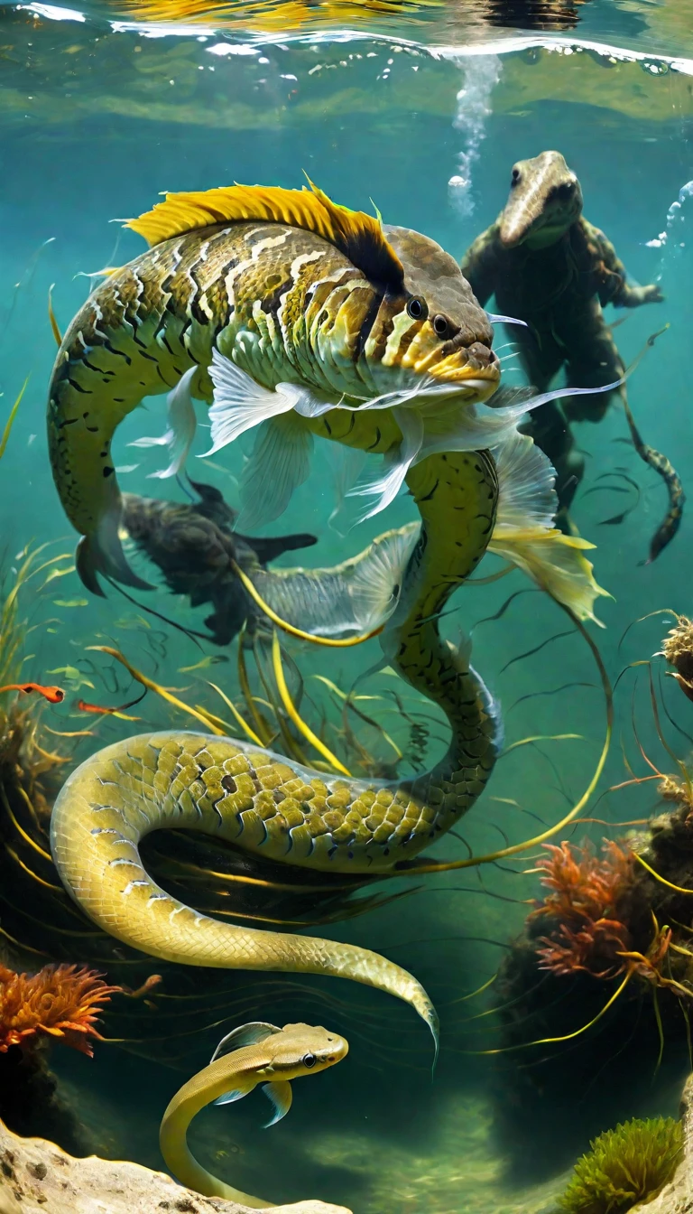 Panorama,There is a creature growing in the water,The body of a fish,Snake's Tail(best quality,4K,8k,High level,masterpiece:1.2),Ultra Detailed,(lifelike,Photo real,Photo real:1.37),Highly detailed animals,Complex patterns,Realistic lighting,Fantasy Creatures