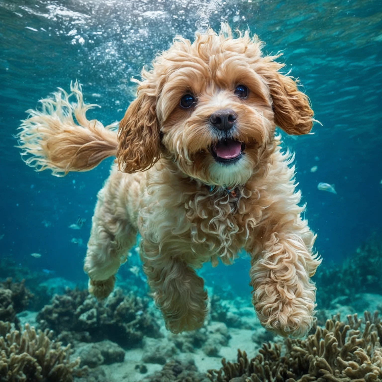 Cavapoodle dog swimming in the ocean with a fish in its mouth, under water swimming, award - winning pet photography, under water, underwater photography, floating under water, amazing depth, cute dog, incredible depth, swimming through the ocean, swimming underwater, aww, happy dog, reddit post, by Robert Jacobsen, swimming deep underwater, underwater, stunningly detailed