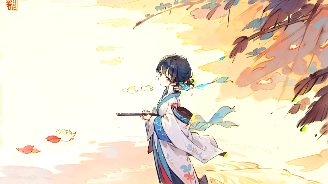 ((4K,masterpiece,Highest quality)), Shui Movissim, Traditional Chinese Ink Painting, Lotus, Hanfu, Maxi Kit, A girl dressed modestly, alone, Long Blue Hair, smile, Are standing, Soak your feet in water, barefoot,