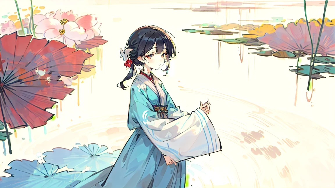 ((4K,masterpiece,Highest quality)), Shui Movissim, Traditional Chinese Ink Painting, Lotus, Hanfu, Maxi Kit, A girl dressed modestly, alone, Long Blue Hair, smile, Are standing, Soak your feet in water, barefoot,