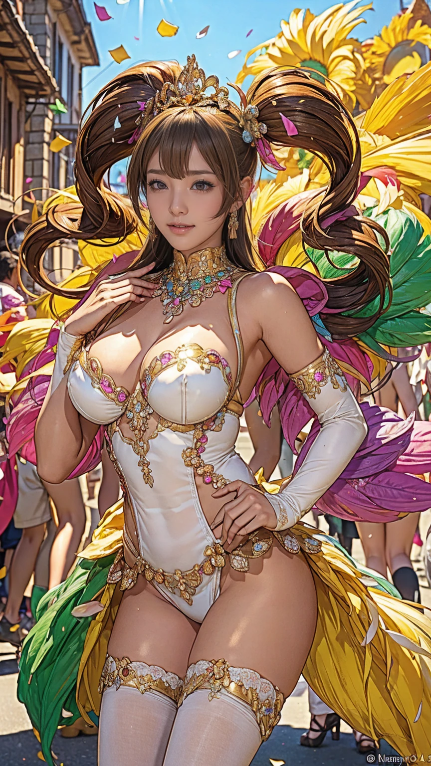 Highest quality, Official Art, masterpiece, Fabric Shading, High resolution, Very detailed, colorful, Best details, Fantasy, High leg samba micro costume:1.5, Yuki Mori:1.5, 1 female, Age 25, Brown Hair, short hair, Twin tails,Naturally flowing bangs, Puffy nipples, {{{{{Dancing vigorously in the parade:1.9}}}}}, A castle town with an old castle view, sunny, Large Breasts, skinny, Surrounded by a bunch of male photographers:1.9, Confetti falling, Blessed, welcome:1.5, Camel Toe:1.7, Ground level shot,