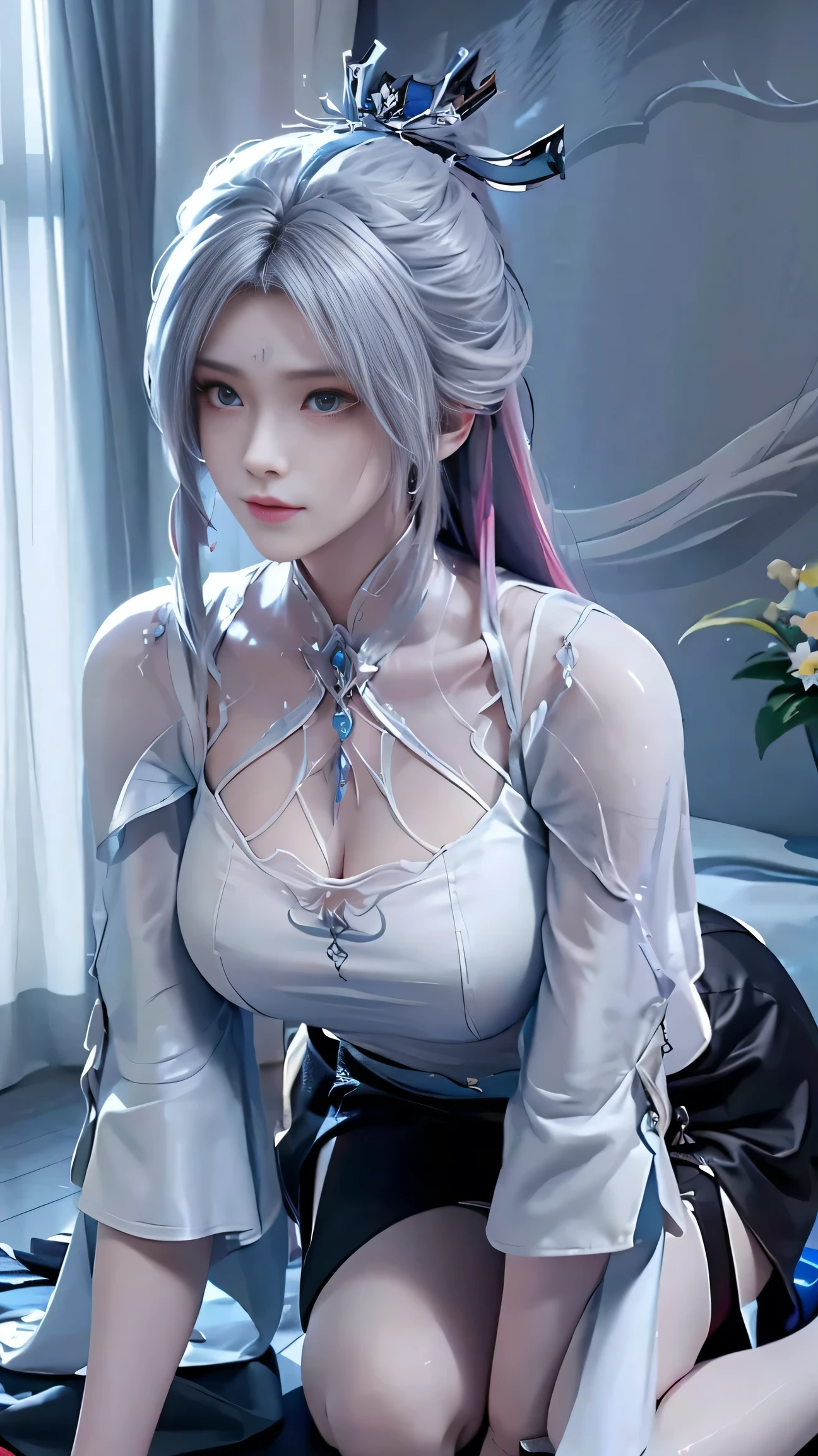 a white hair、Close-up of miss wearing white mask, Beautiful character painting, Gu Weiss, Gurwitz-style artwork, White-haired god, author：Yang Jie, Epic and beautiful character art, Stunning character art, author：Fan Qi, by Wuzhun Shifan, pixiv Art Street Guviz, Single ponytail, insult, High Ponytail, Tall and big, Long legs, (Sleeveless lace shirt), (shorts), (Striped )), ((Striped )), Walk, elegant, dignified, miss, Beautiful curves, sweet smile, Strong sense of detail and layering, Rich and Farbeful Farbe, Has a unique texture, rich and Farbeful, Farbe, vivid, Design Art, 16K, Very detailed, {{illustration}}, {Extremely refined}, {Exquisite surface treatment}, Very detailed, Delicate and shining eyes, {{Light}}, Extreme Light Effect, model: Realism, CFG size: 12, Laura: Bright texture (1.35), high quality, masterpiece, Exquisite facial features, Delicate hair depiction, Detailed depiction of the eyes, masterpiece, best quality, Light line tracing, Extremely detailed CG unified 8k wallpaper, masterpiece, best quality, (1 girl), Perfect body, (((tight white t shirt))), beautiful eyes, (Delicate face), Black short hair, Tie your hair up, Light blue hairpin, Black Silk Frame Glasses, in class, (White skin), (Optimal Lighting), (Super intricate details), 4K Unified, (Very detailed CG), Showing off her white legs, , Hot Pants, shorts,Sexy Long Legs, Thin waist, Sweat is running down my waist, Showing belly, Extremely detailed depiction, Pink Hair, Asymmetrical bangs, Transparent clothes, Hands on thighs, Move your eyes away, 8k resolution, Raise an eyebrow, Shiny hair, Flower head, Wristband, bandage，Leather sexy pose, simple grey background, Crawl to the audience, kitten pose, Get on all fours,