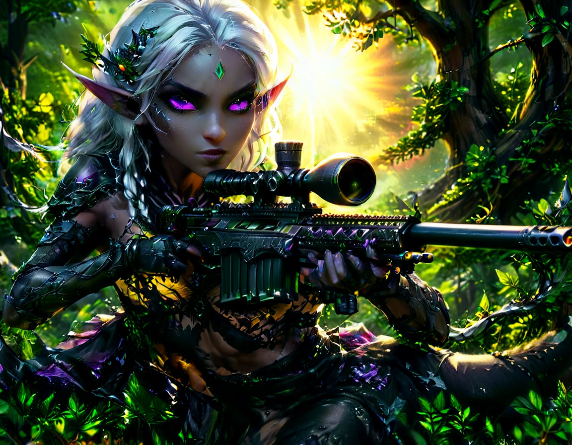 a portrait picture of a 1single female drow elf sniper, lying on a tree branch aiming a sniper rifle, an exotic beautiful elf sniper, white hair, braided hair, (black skin: 1.3),  intense purple eyes, ultra detailed face, small pointed ears, forest green camouflage cloths, on top of a epic fantasy tree, aiming a Barret M82, fantasy fores background, its sunset, sun rays, some clouds,  (full body shot: 1.1) , vibrant, Ultra-high resolution, High Contrast, (masterpiece:1.5), highest quality, Best aesthetics), best details, best quality, highres, ultra wide angle, 16k, [ultra detailed], masterpiece, best quality, (extremely detailed) Sniper Rifle, Intense gaze
