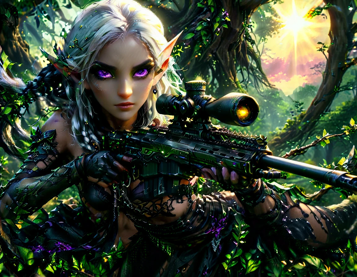 a portrait picture of a 1single female drow elf sniper, lying on a tree branch aiming a sniper rifle, an exotic beautiful elf sniper, white hair, braided hair, (black skin: 1.3),  intense purple eyes, ultra detailed face, small pointed ears, forest green camouflage cloths, on top of a epic fantasy tree, aiming a Barret M82, fantasy fores background, its sunset, sun rays, some clouds,  (full body shot: 1.1) , vibrant, Ultra-high resolution, High Contrast, (masterpiece:1.5), highest quality, Best aesthetics), best details, best quality, highres, ultra wide angle, 16k, [ultra detailed], masterpiece, best quality, (extremely detailed) Sniper Rifle, Intense gaze
