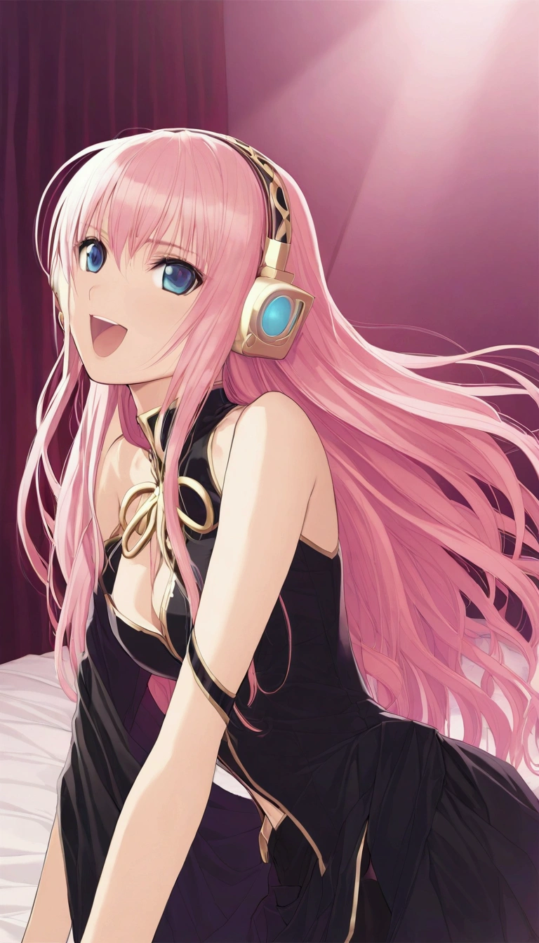 masterpiece,Detailed and beautiful depiction 1.1,Official Art,Beautiful adult woman ,Megurine Luka,Megurine Lukaの公式衣装,headphone,Black costume with gold decoration,Pink long hair,blue eyes,smile,Open your mouth,Mr.々A seductive pose,She lifts her black skirt to reveal her black shorts,Bedroom