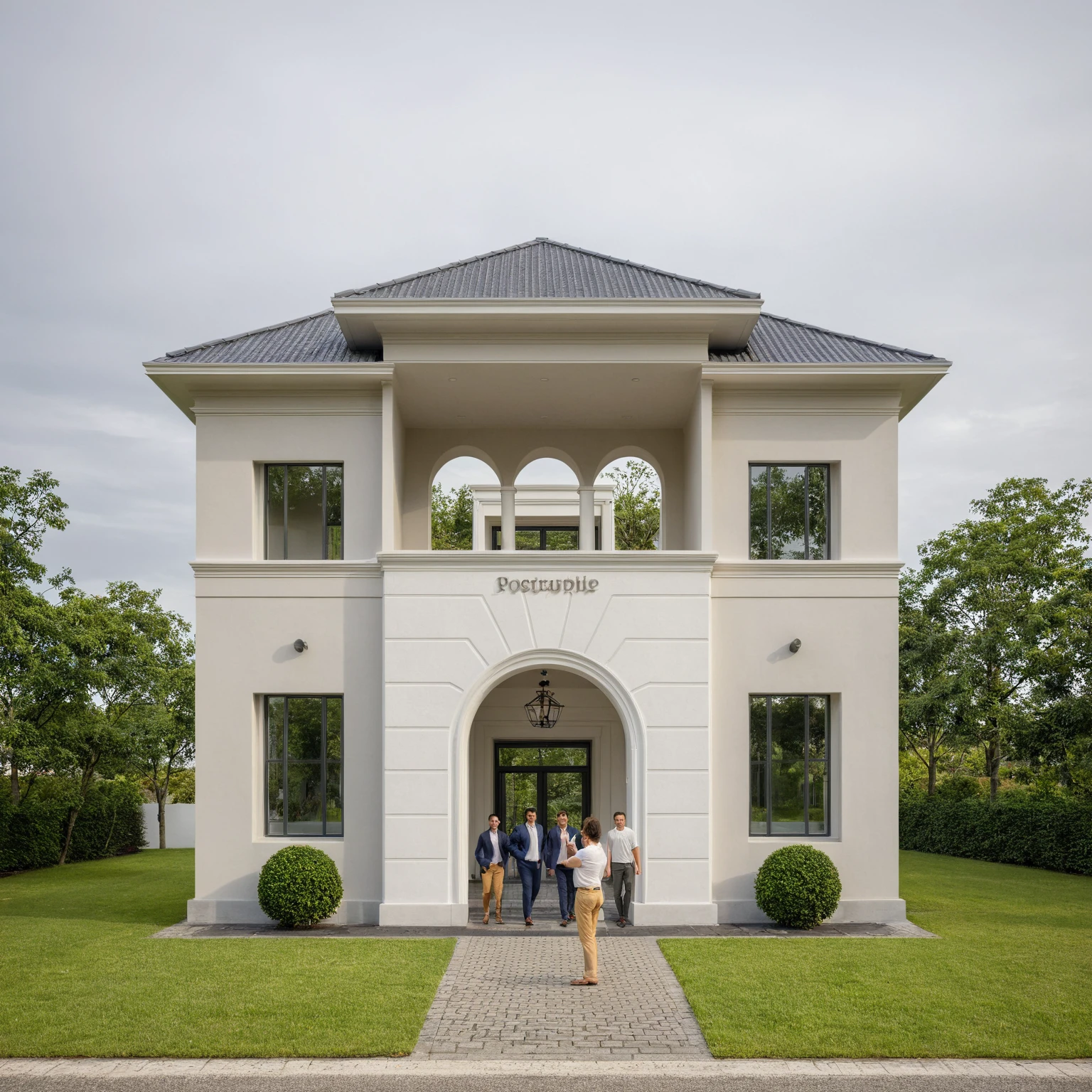 a two-story residential building designed in a neoclassical style, with glass windows, a gray tiled roof, a paved garden and planted with tropical plants, architecture photography award, iwan baan, Taken on a Canon EOS R5 using a Canon RF 24-70mm f/2.8L IS USM lens at an F3.2 aperture setting in the style of Canon --ar 16:9 --c 5 --s 50 --v 6.0