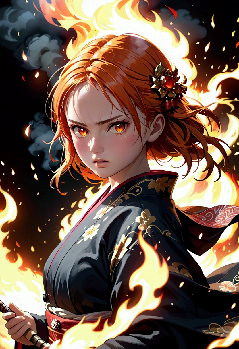 angry girl, 1girl, orange hair, ruby eyes, japanese clothes, fire, flames, fire breathing, fire sparks, glowing, (best quality,4k,8k,highres,masterpiece:1.2),ultra-detailed,(realistic,photorealistic,photo-realistic:1.37),detailed face, intricate details, vibrant colors, dramatic lighting, cinematic composition, fantasy, dynamic pose