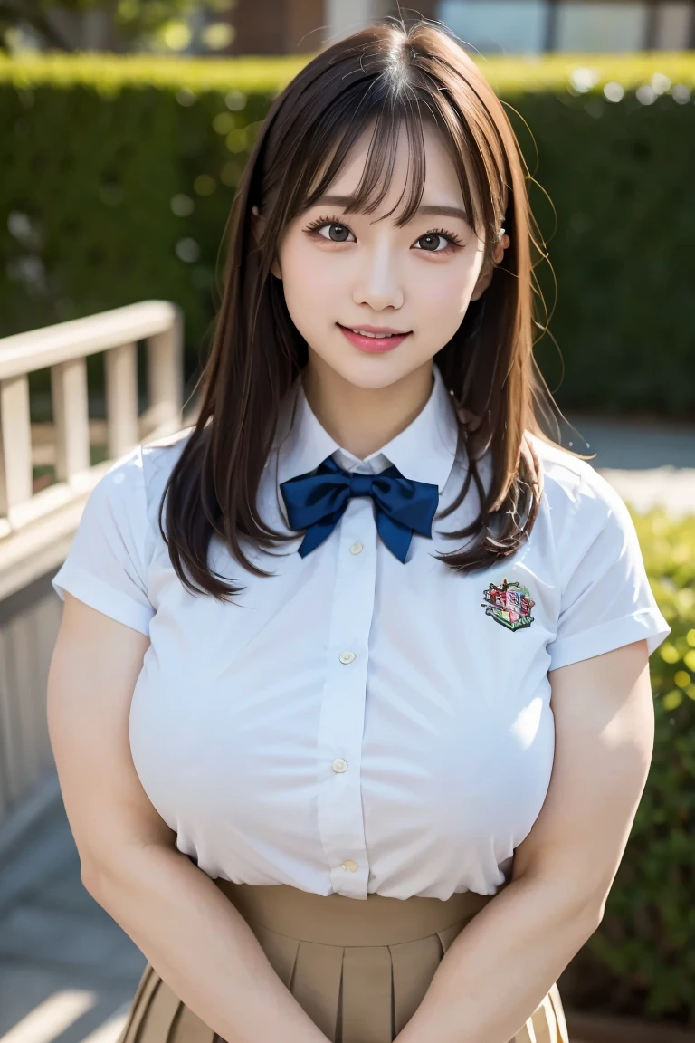 (Best quality,masterpiece,ultra detailed,8K,RAW photo,realistic,high resolution:1.2),(Pretty Japanese girl),(Super huge tits:1.4),(light brown hair),(school uniform,white shirt,pleated skirt:1.4),(muscular:1.6),(shoulder length),(light smile),(huge arms:1.5)