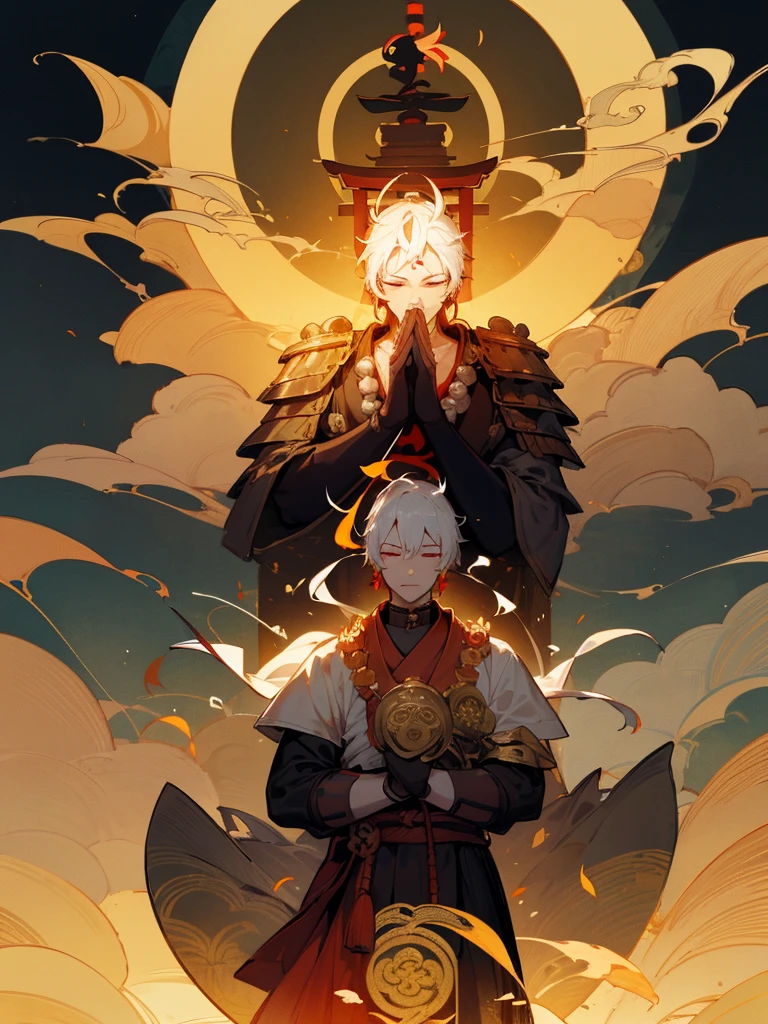 Kannon Bodhisattva,Burning Eyes, horn, white short hair, black armor, torii, man, full moon, hands together in prayer, Zen meditation Golden guardian dog Japanese sword Lotus flower field Paradise 青い炎