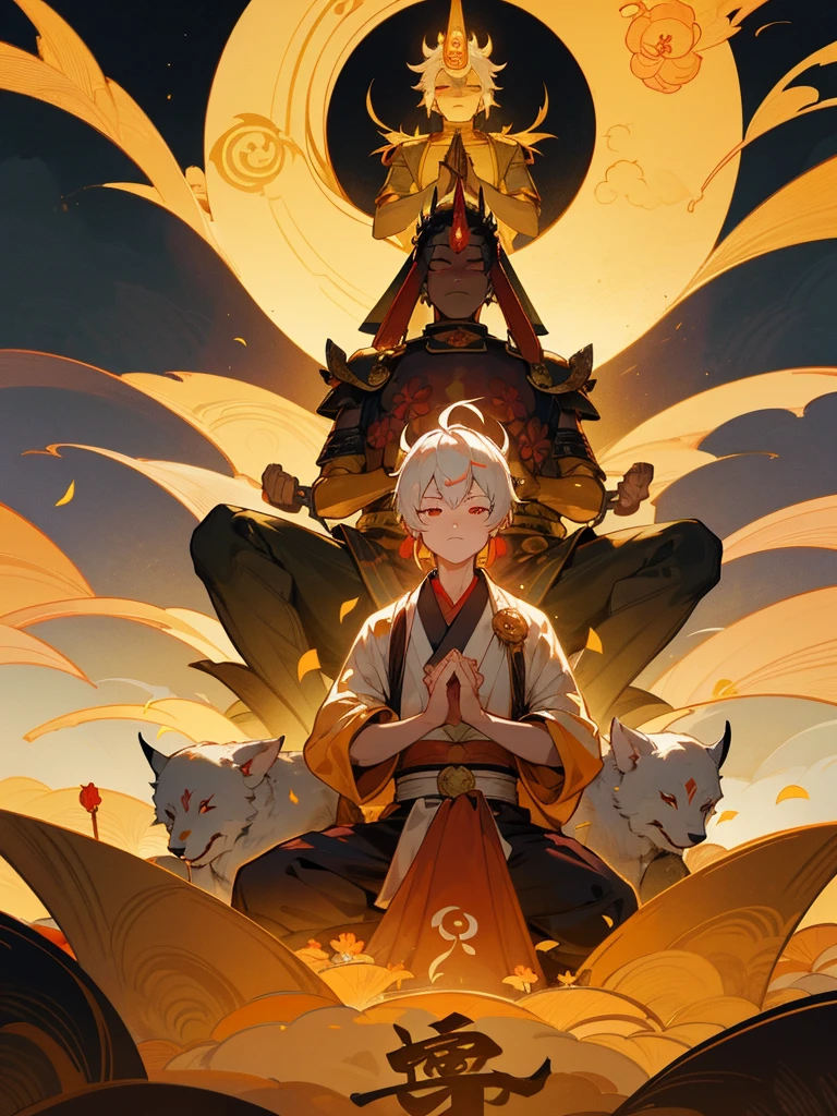 Kannon Bodhisattva,Burning Eyes, horn, white short hair, black armor, torii, man, full moon, hands together in prayer, Zen meditation Golden guardian dog Japanese sword Lotus flower field Paradise 青い炎