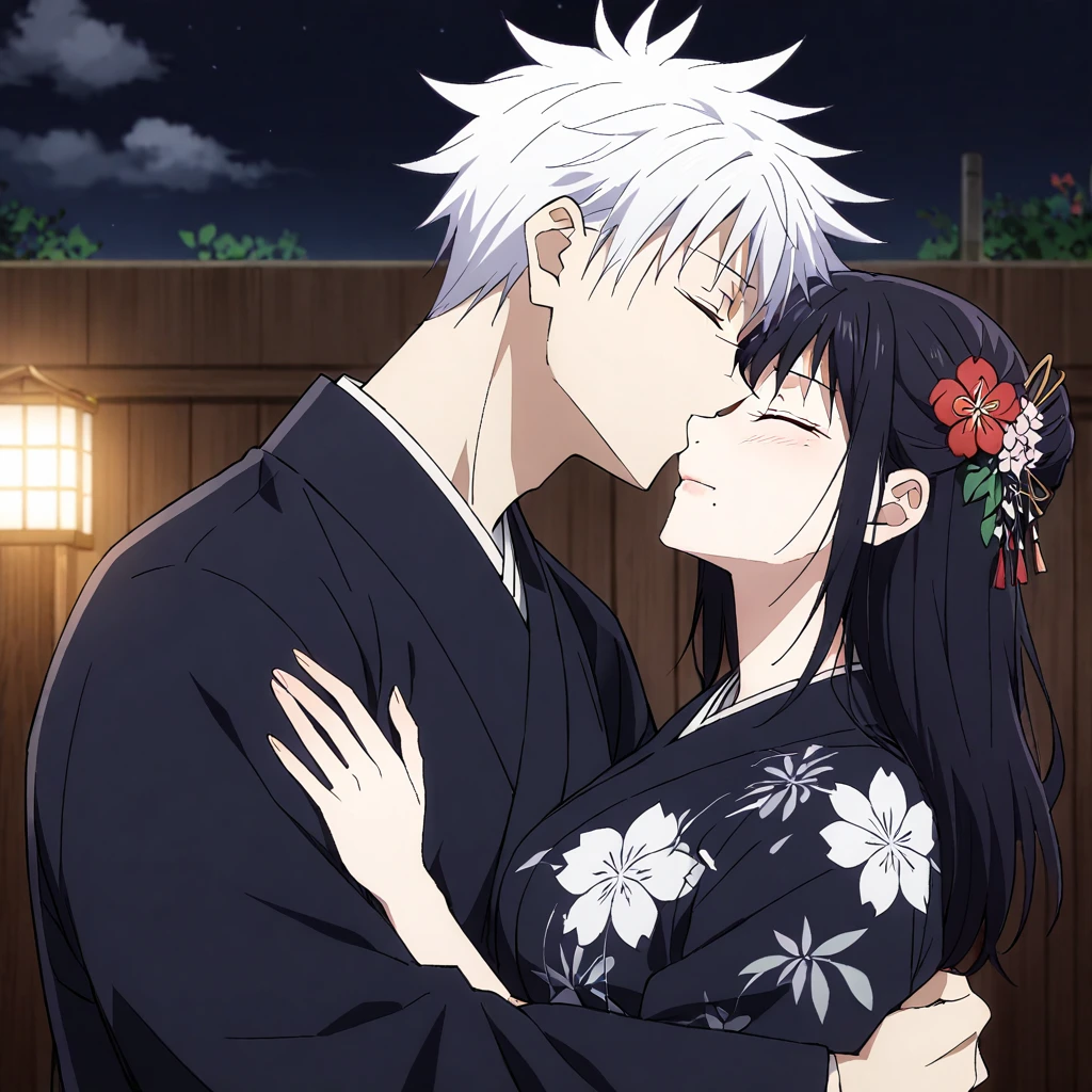 1girl, 1boy, flower, japanese_clothes, hair_ornament, hair_flower, hetero, long_hair, kimono, mole_under_mouth, closed_eyes, black_kimono, couple, kiss, black_hair, white_hair, mole, night, gojou_satoru, spiked_hair, upper_body, short_hair, yukata, from_side