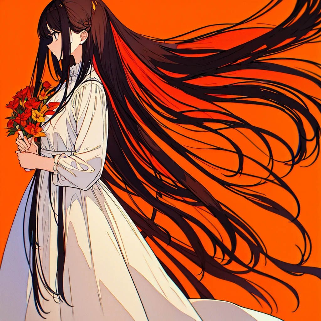 Orange background, plain, simple, flowers, woman in white dress, long hair