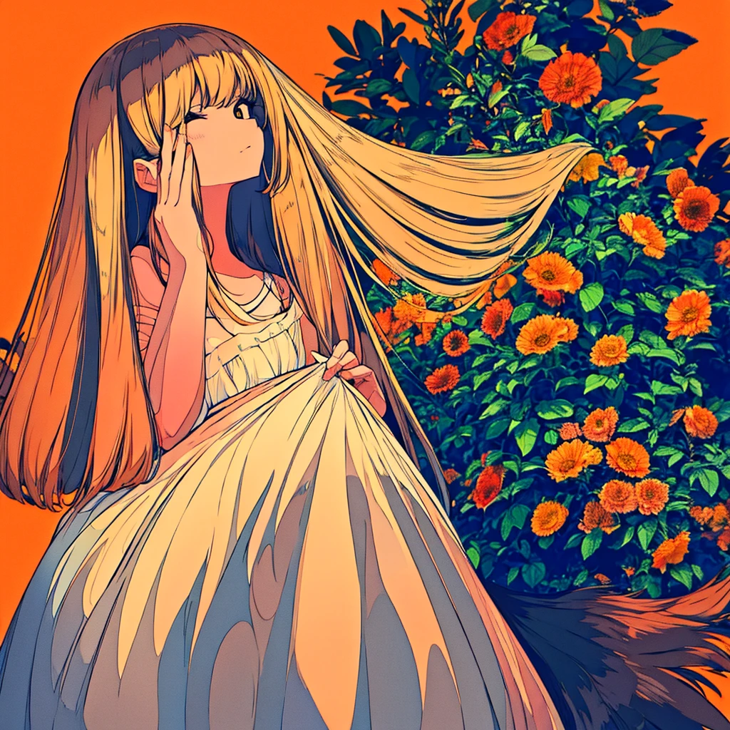 Orange background, plain, simple, flowers, woman in white dress, long hair