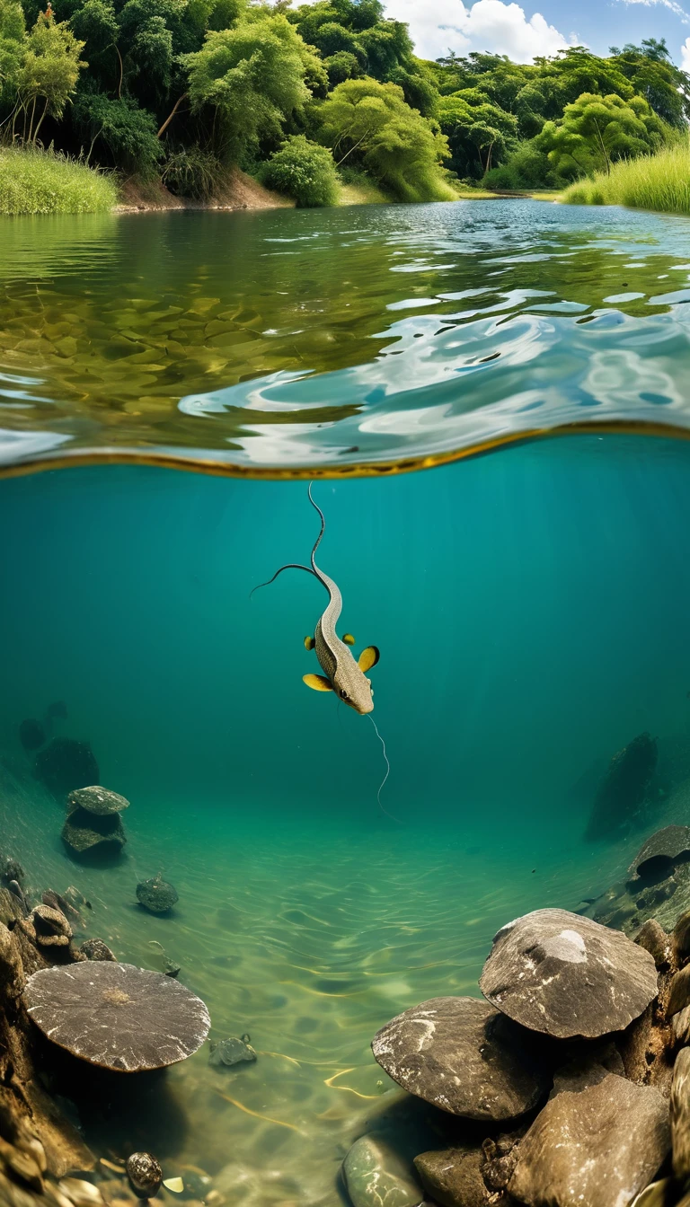 Panorama，There is a creature growing in the water，The body of a fish，Snake&#39;s Tail(best quality，4K，8k，High level，masterpiece：1.2），Ultra Detailed，（lifelike，Photo real，Photo real：1.37），Highly detailed animals，Complex patterns，Realistic lighting，Fantasy Creatures