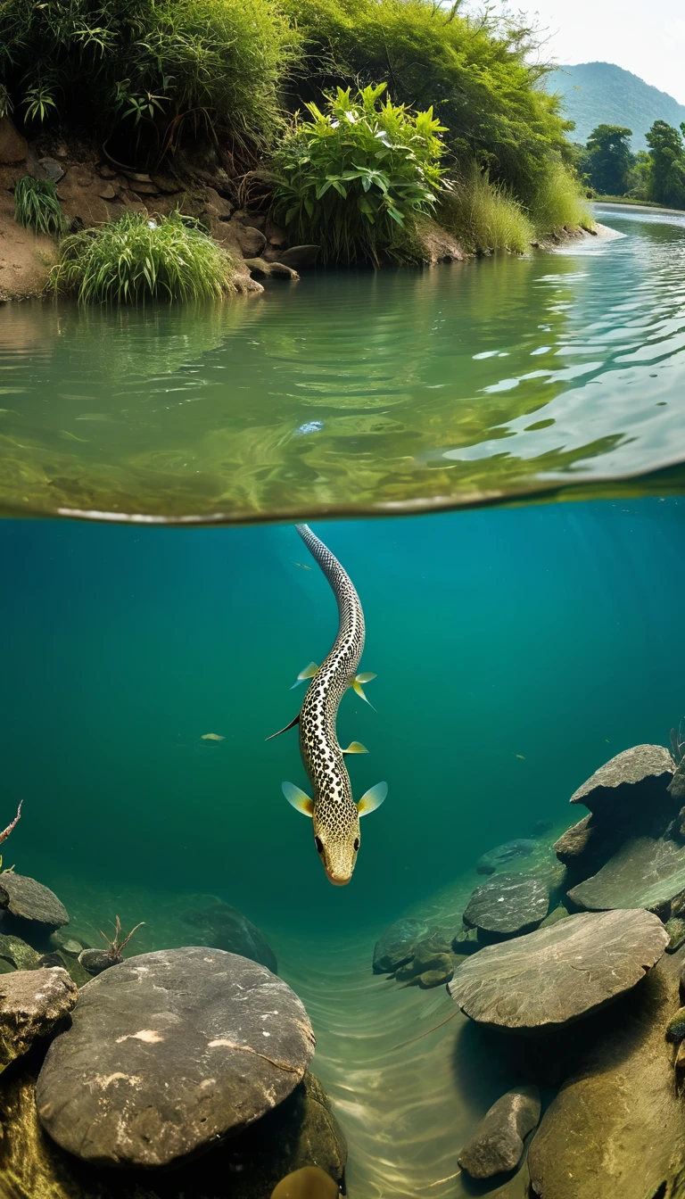 Panorama，There is a creature growing in the water，The body of a fish，Snake&#39;s Tail(best quality，4K，8k，High level，masterpiece：1.2），Ultra Detailed，（lifelike，Photo real，Photo real：1.37），Highly detailed animals，Complex patterns，Realistic lighting，Fantasy Creatures