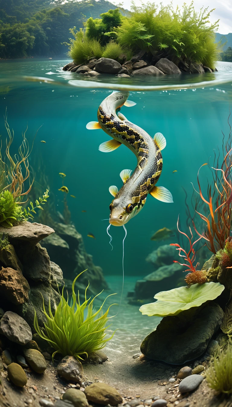 Panorama，There is a creature growing in the water，The body of a fish，Snake&#39;s Tail(best quality，4K，8k，High level，masterpiece：1.2），Ultra Detailed，（lifelike，Photo real，Photo real：1.37），Highly detailed animals，Complex patterns，Realistic lighting，Fantasy Creatures