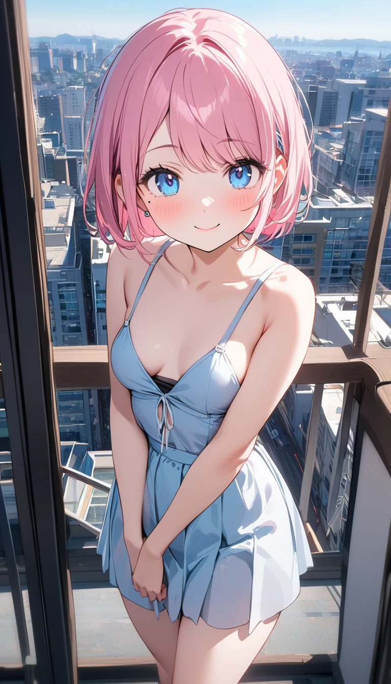 (1 girl),(Best Picture Quality, 8K, Masterpiece:1.3), (high school student:1.5), ((pink lob hair:1.1)), (bob cut),(swept bangs), (cute eyes, pupil black, iris skyblue, youthful face), (mole under right eye), (standard weight), (small breasts), (glistening skin:1.1),(pale skin:1.2),((Minimalist fashion)),((City)),(magnificent view),(Smile).