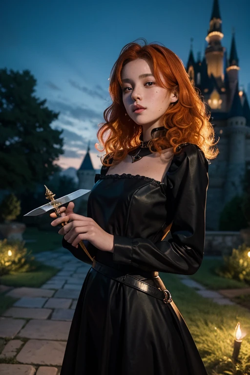 15 year old girl, Lovely, orange hair, very short, Very curly, slim, flat bust, with freckles on the face, with slavic features, with long sleeve black dress, whole body, shows her legs, in the castle garden, at night, holding a sword in his hand.