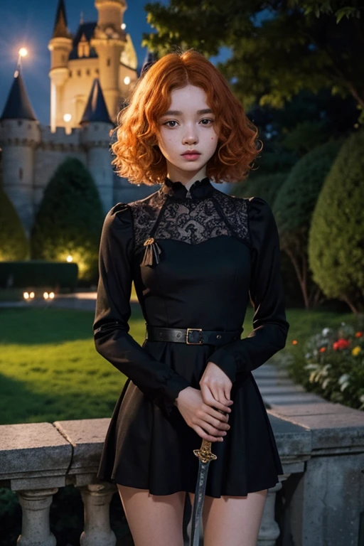 18 year old girl, Lovely, white hair, very short, Very curly, slim, flat bust, with freckles on the face, with slavic features, with long sleeve dress, yellow, whole body, shows her legs, in the castle garden, at night, holding a sword in his hand.