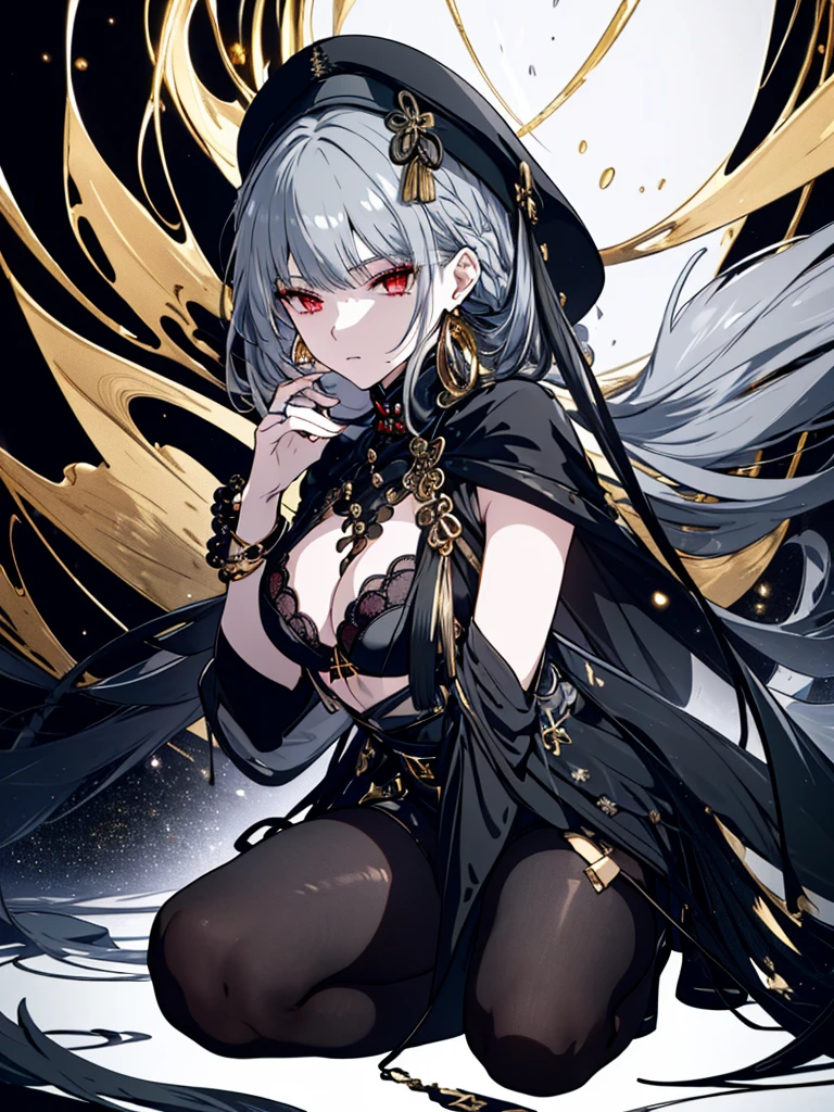 8k,High resolution RAW color art, Anime Art,Silver Marble Skin, (((Very detailed and cool))), Detailed skin, texture,(Exquisitely crafted, The finer details, Ultra-detailed art), (((1 girl))), Depth of written boundary, Silky Touch, Hyper Detail, (((Cool face))), eye shadow、Armed women, Beautiful detailed red eyes, Beautiful lip detail, Highly detailed face, Delicate depiction of hair and eyes, Detailed Fashion, Golden Earrings,Full body depiction, Black half-top bra、Black shorts、Waist Cloak、black tights、Golden decoration, Gray Hair, Golden bracelet, Straight Hair、(((Hair)))、ice華、moonlight、Calm background、(((Black theme)))、ice、(((Cold)))、Side view、Kneeling