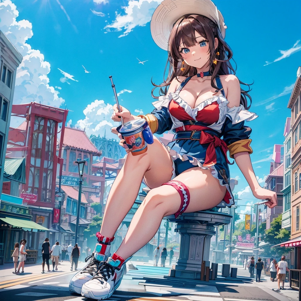 masterpiece　　Unreal Engine　Anime Style　Delicate painting　4K　90's　giant　crowd　 　amusement park　　((amusement parkに立っている巨大な黒髪の水着の女の子))　clown　stuffed toy　roller coaster　Merry-go-round　crowd　Big Breasts　sneakers　Bikini Swimwear　paola　Straw hat　　　smile　blue sky　cumulonimbus　Contrail　female giant giant girl Whole body 　 Destroyed skyscrapers Destroyed cars Crowd Unreal Engine,cleavage ,a drawing of a , earrings, long hair, 1980s (style) Cute picture　Beauty　Analog style　whole body　sneakers　