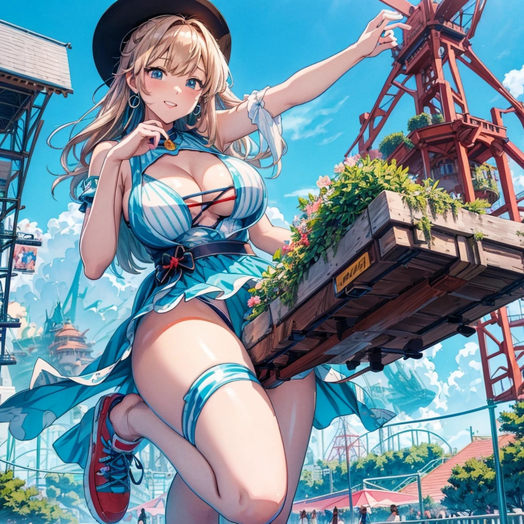 masterpiece　　Unreal Engine　Anime Style　Delicate painting　4K　90's　giant　crowd　 　amusement park　　((amusement parkに立っている巨大な黒髪の水着の***))　clown　stuffed toy　roller coaster　Merry-go-round　crowd　Big Breasts　sneakers　Bikini Swimwear　paola　Straw hat　　　smile　blue sky　cumulonimbus　Contrail　female giant giant girl Whole body 　 Destroyed skyscrapers Destroyed cars Crowd Unreal Engine,cleavage ,a drawing of a , earrings, long hair, 1980s (style) Cute picture　Beauty　Analog style　whole body　sneakers　