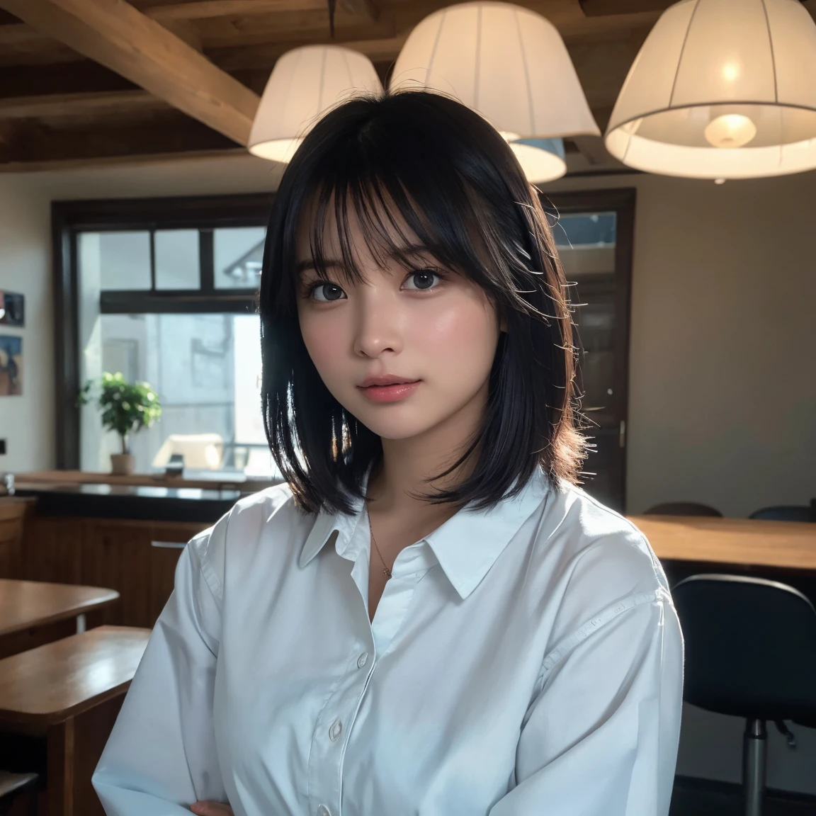 (8k, RAW Photos, Highest quality, masterpiece:1.2), (Realistic, Realistic:1.37), Very detailed, Ultra-high resolution, 1 girl, View your viewers, Beautifully detailed face, Laughter, narrow, (Narrow waist) :1.3), Shortcuts, Beautiful and detailed skin, Skin Texture, Black Hair, Floating Hair, Hairstyle: Short bob, Professional Lighting, (White shirt), Human whole body