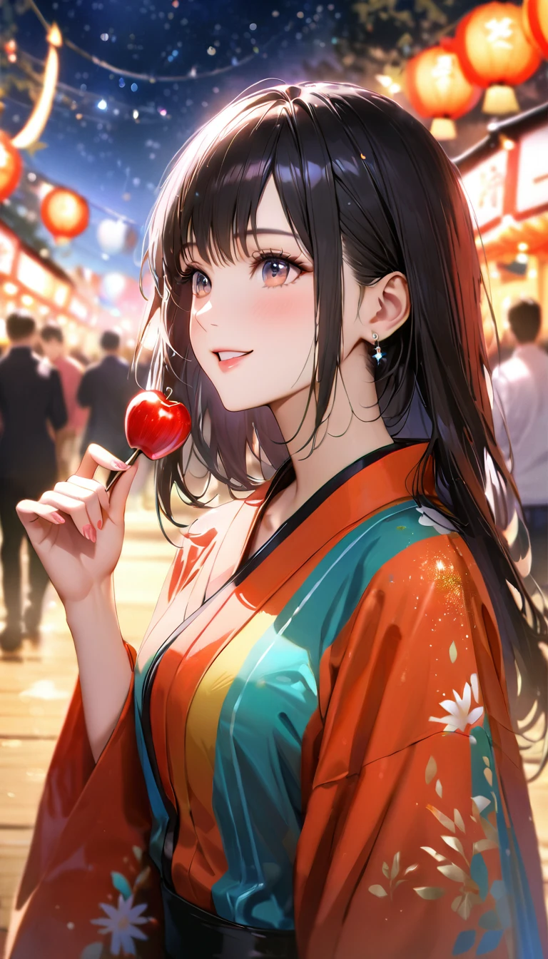 Summer festival,night, Starry Sky,yukata, Holding apple candy,Gazing at the sky,Blur the background,high school girl,smile,Glitter effect,Highest quality, 8k, High resolution, masterpiece:1.2, Very detailed, Realistic:1.37, High resolution, 超High resolution, Ultra-fine painting, Very detailed, Professional, Vibrant colors