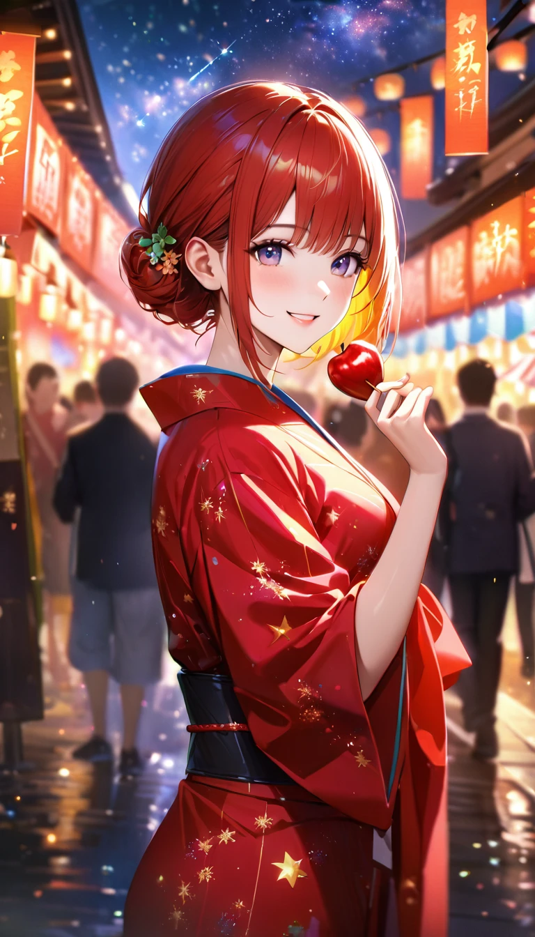 Summer festival,night, Starry Sky,yukata, Holding apple candy,Gazing at the sky,Blur the background,high school girl,smile,Glitter effect,Highest quality, 8k, High resolution, masterpiece:1.2, Very detailed, Realistic:1.37, High resolution, 超High resolution, Ultra-fine painting, Very detailed, Professional, Vibrant colors