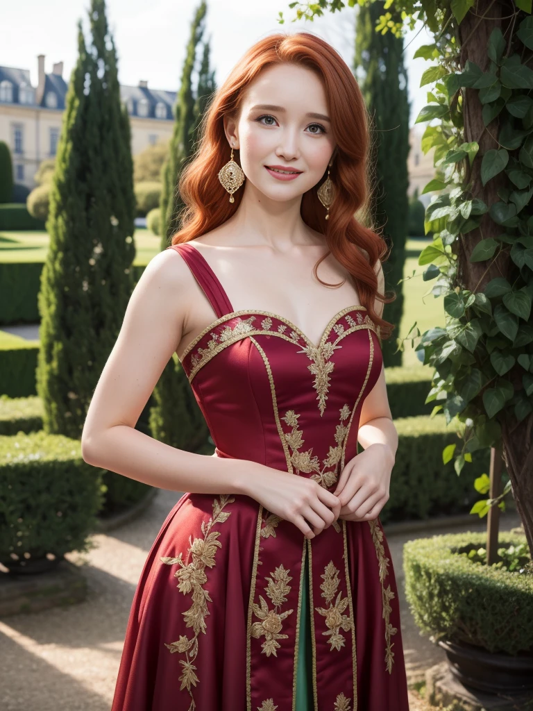  lively party with women, Woman around 1760, lady 17th century, french style, with whole body and an anatomically correct body, absolutely perfect face, a 16-year-old. wunderschöne Red-Hairede junge Frau , beautiful detaileld face, perfect face, perfect full body, perfect anatomy, Red-Haired (Christa Theret: 1.3), ( Alexia Fast: 1.3),,Highly detailed youthful face, proporções perfeitas, ((red hair)),, very detailed, 16K, HDR, broad light, high contrast, keen focus, RAW color photo, typical earrings, full body view, wide angle view, masterpiece, subtle smile, elegant dress, chateau garden outside, traditional magnificent dress from the 17th.century, Traditional hairstyle, garden party, many women