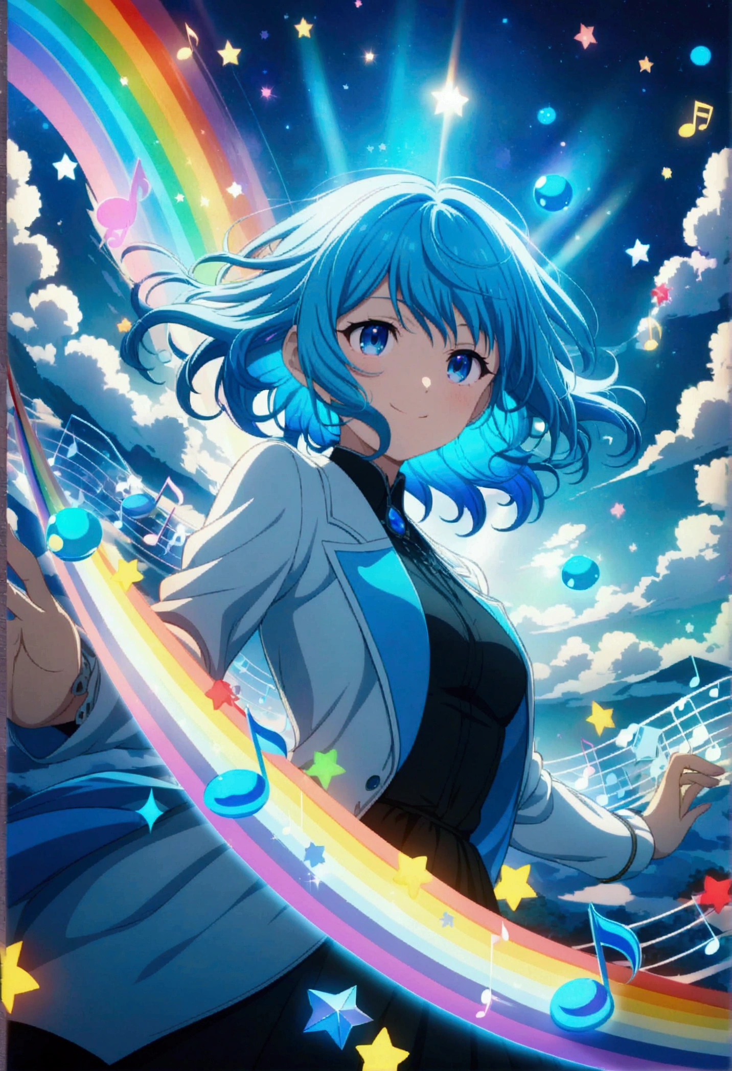 Anime style, ultra-detailed, 8K CG, blue-haired girl, smile, blue world, mysterious blue objects floating, star, musical note, rainbow