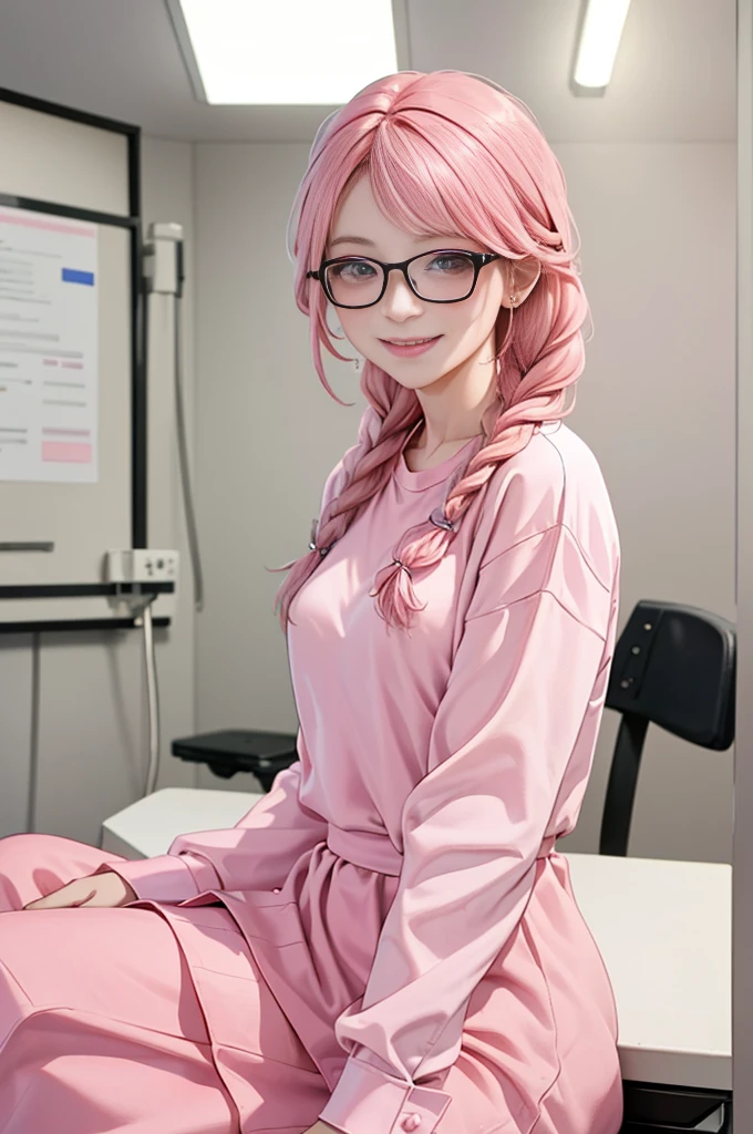 1 girl, age 5-6 years ,Solo, sitting (Looking at the audience), (pink shirt:1.5), long skirt ,Stylish clothes young woman wearing glasses /(pink hair/) Braided hair, smiling kindly (The best quality masterpiece:1.2) , Delicate illustrations, Special details, (hospital examination room) Indoor, desk, detailed background