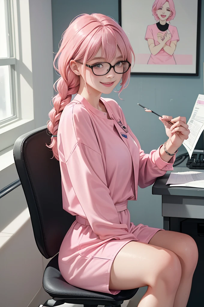 1 girl, age 5-6 years ,Solo, sitting (Looking at the audience), (pink shirt:1.5), long skirt ,Stylish clothes young woman wearing glasses /(pink hair/) Braided hair, smiling kindly (The best quality masterpiece:1.2) , Delicate illustrations, Special details, (hospital examination room) Indoor, desk, detailed background