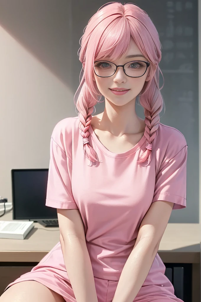 1 girl, 5-6 yeaolo, sitting (Looking at the audience), (pink shirt:1.5), long skirt ,Stylish clothes young woman wearing glasses /(pink hair/) Braided hair, smiling kindly (The best quality masterpiece:1.2) , Delicate illustrations, Special details, (hospital examination room) Indoor, desk, detailed background