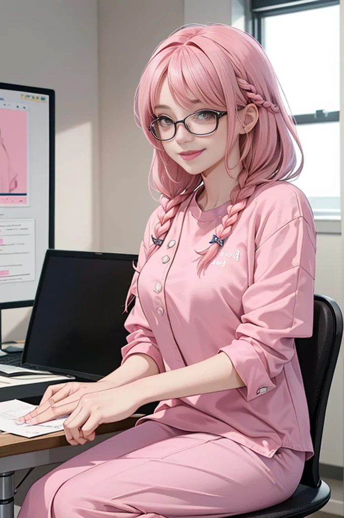 1 girl, age 5-6 years ,Solo, sitting (Looking at the audience), (pink shirt:1.5), long skirt ,Stylish clothes childish woman /(pink hair/) Braided hair, smiling kindly (The best quality masterpiece:1.2) , Delicate illustrations, Special details, (hospital examination room) In the building, desk (X-ray image of the lungs:1.2) Detailed background