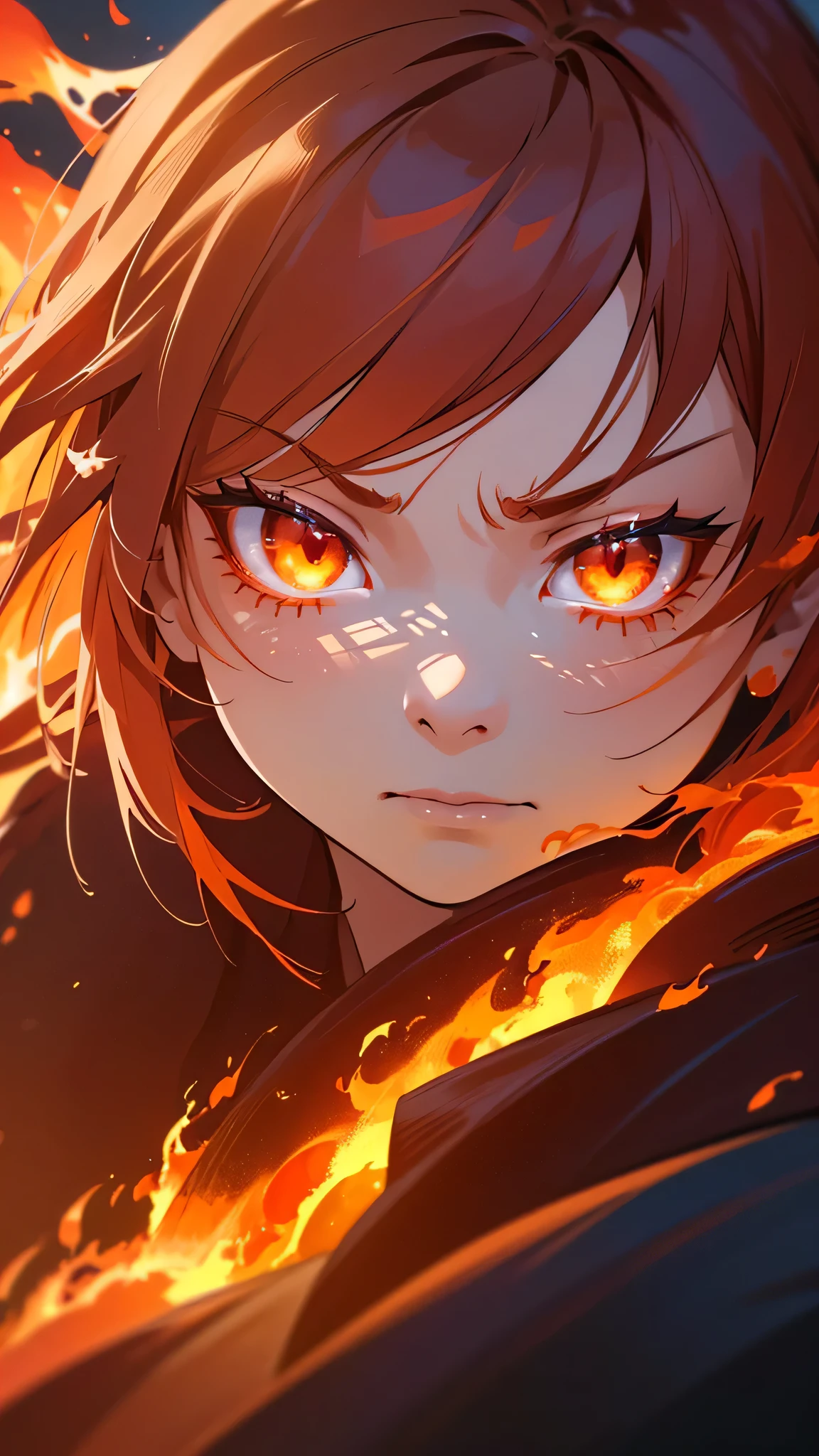angry girl, 1girl, orange hair, ruby eyes, japanese clothes, fire, flames, fire breathing, fire sparks, glowing, (best quality,4k,8k,highres,masterpiece:1.2),ultra-detailed,(realistic,photorealistic,photo-realistic:1.37),detailed face, intricate details, vibrant colors, dramatic lighting, cinematic composition, fantasy, dynamic pose