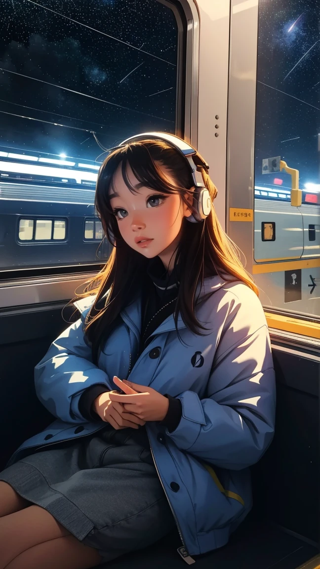 train,  Sit by the window,  trainから降りる, Stargazing,  Put on your headphones, Night Travel, Beautiful starry sky, beautiful girl, UHD Portrait, (high quality) (Super detailed) Observation of viewers wearing hip-hop street fashion; different, colorful, Long hair in color 🌈
