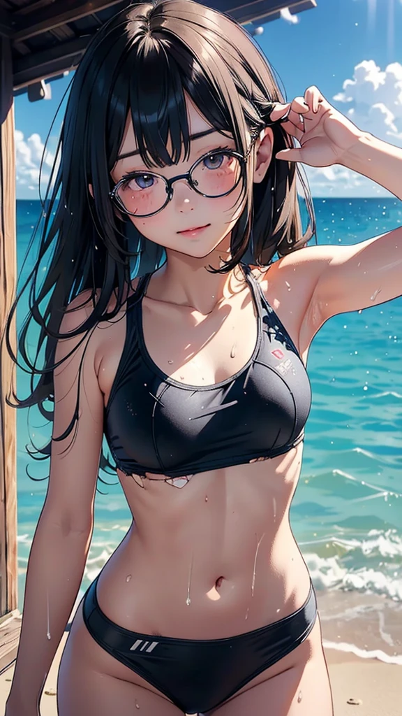 18-year-old woman on the beach, black micro bikini, Microkini, breast size is D cup, swimsuit boldly designed to cover only the minimum private zone of the wearer's body, swimsuit fabric is transparent, T-back, lower breasts, smile, Boston-shaped glasses, brown hair, bob hair,