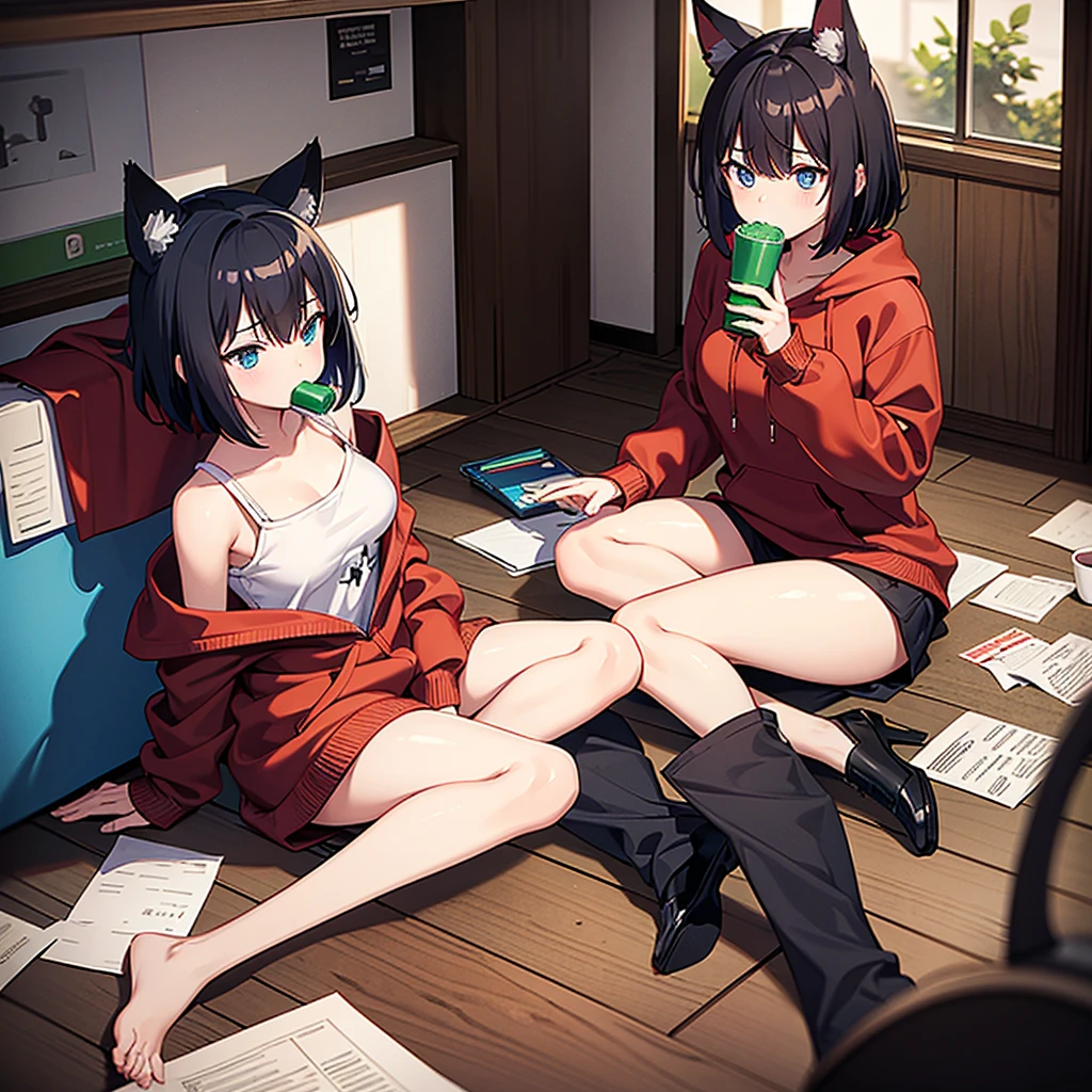 a hand-drawn anime-style illustration featuring two female characters. One character, sitting cross-legged on the floor, has short red hair, fierce red eye color, and wears a red hoodie while eating something. The other character lies on the floor with short black hair, shy blue eyes, and black fox ears. A black cat with blue eyes stands in the background observing. The room is messy with scattered papers, books, a green bottle, and a cup. A bulletin board filled with notes and drawings hangs on the wall, and a computer monitor is visible in the background.