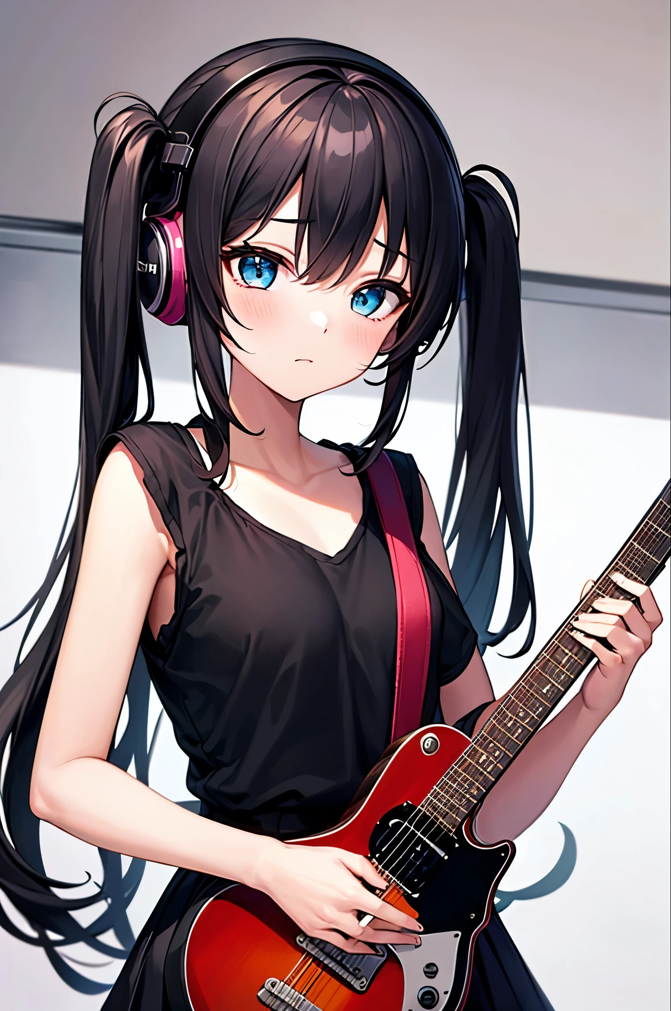 ((masterpiece, Highest quality))One girl, alone, Black Dress, blue eyes, electric guitar, guitar, Headphones, Double Ponytail, Holding, Holding plectrum, musical instrument, Long Hair, music, One side up, , Twin tails, guitarを弾く, Pleated skirt, Black Shirt, interior