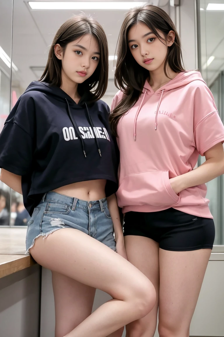 deux femmes ensemble de 18 ans sexy et mince , pink short sleeve hoodie , salle de classe, se touche,position sey,sensuel,visible legs,
