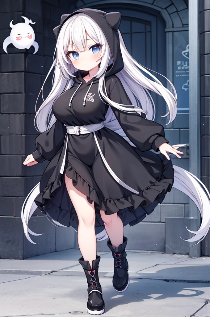 Anime-style image of a woman with white hair and black clothing, Cute 3D anime girl render, Cute anime waifu in a nice dress, Anime VTuber Full Body Model, Anime girl in a hoodie, Highly detailed characters, Official character art,exorcist,Big Tits,ghost